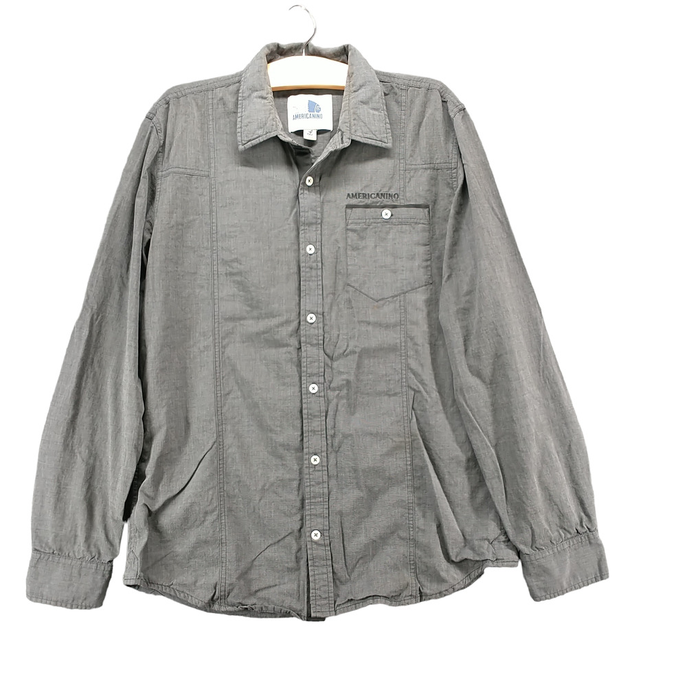 Americanino Mens Button Front Shirt Gray Large Long Sleeve Cotton Pockets